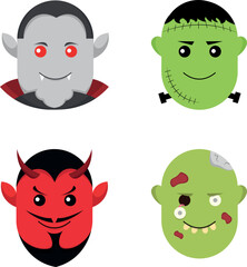 Set of funny monsters, zombie, vampire, demon, Frankenstein on a transparent background . Vector illustration