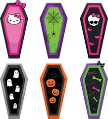 Halloween set llustrations from a set of colorful packaging, coffin.  Hello kitty, monster hight, pumpkins, ghost, spider, bones. Vector