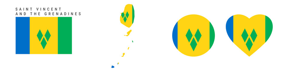 Saint Vincent and the Grenadines flag icon set. Vincentian pennant in official colors and proportions. Rectangular, map-shaped, circle and heart-shaped. Flat vector illustration isolated on white.