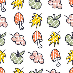 Checkered mushrooms, apples and leaves seamless pattern. Autumn print for tee, paper, fabric, textile. Hand drawn vector illustration for decor and design.