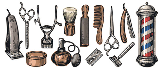 Set retro barbershop tools and items. Shaving and hairdressing concept. Beauty saloon vintage vector illustration - obrazy, fototapety, plakaty