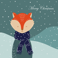 Christmas card with a cute little fox. Cute character. Poster or invitation. Doodle illustration. Vector