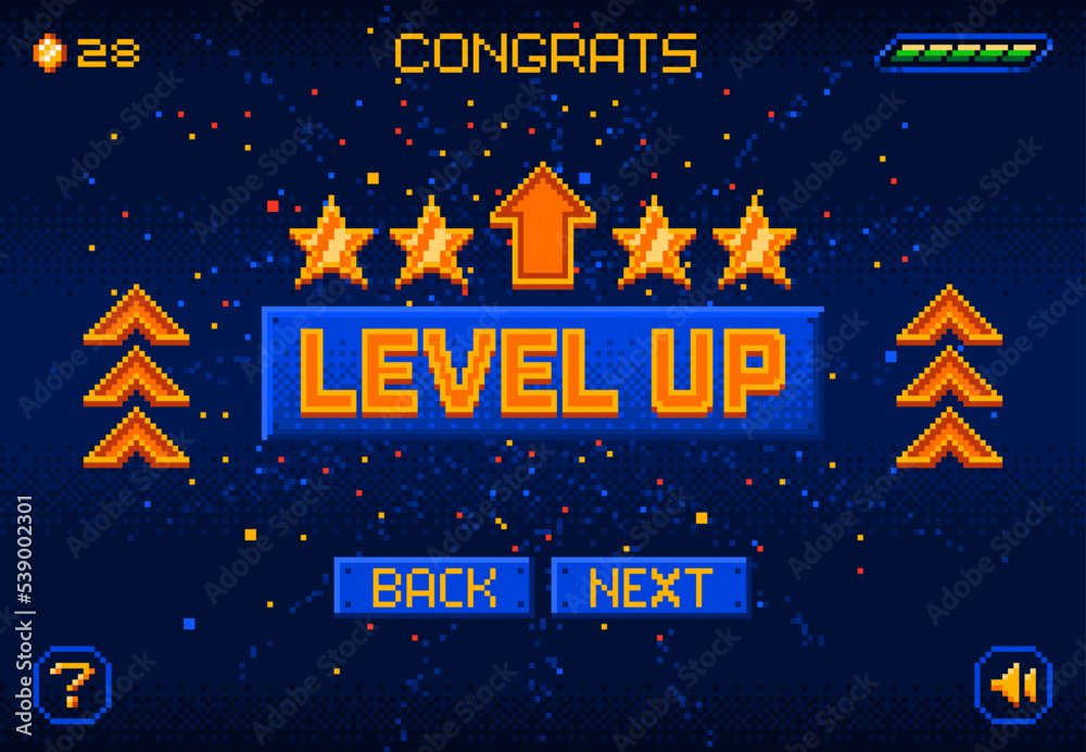 Poster 8bit game level up pixel screen. retro arcade user interface mosaic backdrop or level design element