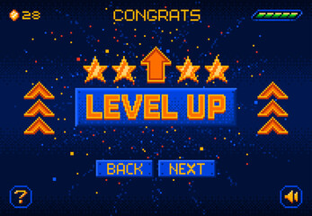 8bit game level up pixel screen. Retro arcade user interface mosaic backdrop or level design element, 16 bit platform console victory menu pixelated vector background. PC vintage game bonus display © Vector Tradition