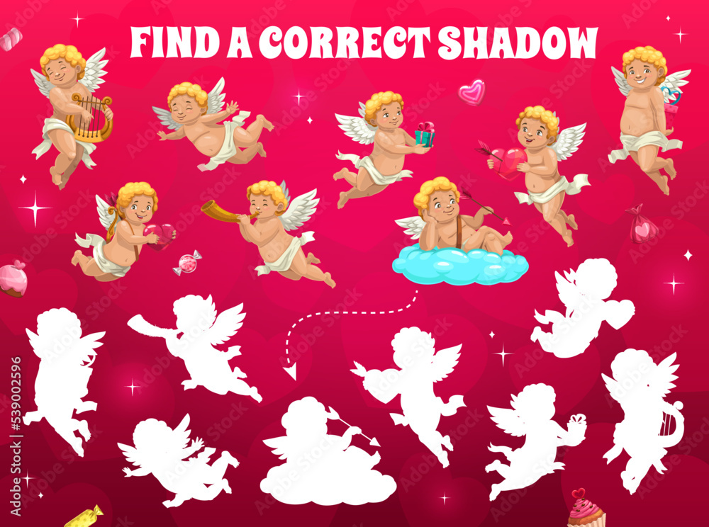 Poster find correct shadow of cartoon cupid angels, vector puzzle game worksheet. find similar shadow silho