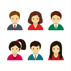 Set of colorful maile and female faces icons in flat style. Vector set of boys and girls isolated on white. Simple abstract color man and woman icons. Vector illustration for graphic design, Web, UI.