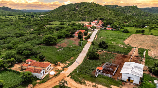 Povoado Vila Vilarejo Fazenda Cidade Pequena Rural Barra Parelhas Bacurau Rio Grande do Norte Sert&atilde;o Agreste Nordeste Nordestino Paisagem A&eacute;rea Drone