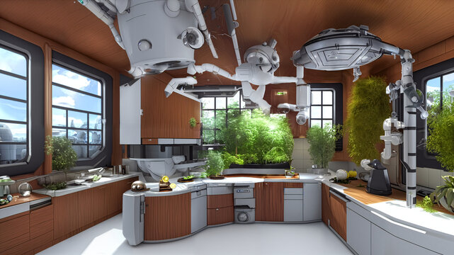 futuristic kitchen, comfortable room with robotic equipment and plants