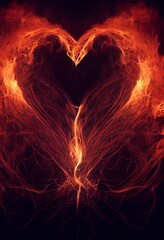 Fototapeta premium Computer generated 3D illustration of yellow and orange heart shape fire flames against a black background. A.I. generated art.