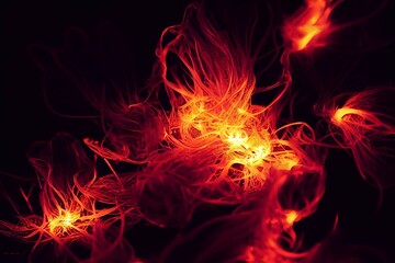 Computer generated 3D illustration of yellow and orange fire flames against a black background. A.I. generated art.