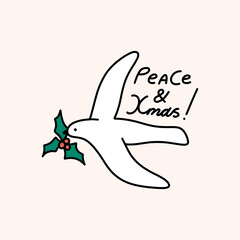 Groovy comic Peace and Xmas text, colorful white dove bird isolated on color background. Doodle boho Christmas and New Year cartoon doodle character, holiday card, sticker, coloring decor element
