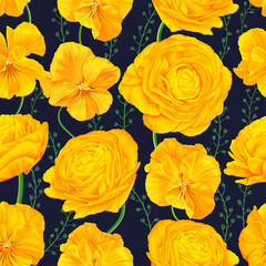 Seamless botanical pattern with yellow flowers on dark background. Realistic hand-drawn Pansies, Buttercups. Repeatable ornament for banners, posters, advertisements, textiles, clothing design.