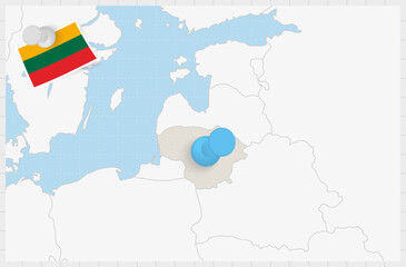 Obraz premium Map of Lithuania with a pinned blue pin. Pinned flag of Lithuania.
