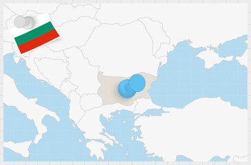 Obraz premium Map of Bulgaria with a pinned blue pin. Pinned flag of Bulgaria.