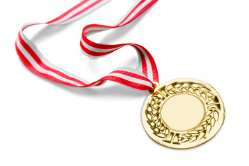 Gold medal with  ribbon  on  background