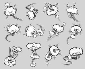 Comic speed motion bubbles. Speed trails. Takeoff burst air trace or smoke cloud, speed fly vector motion effects or gas trail, pow and movement graphic doodles and bubbles