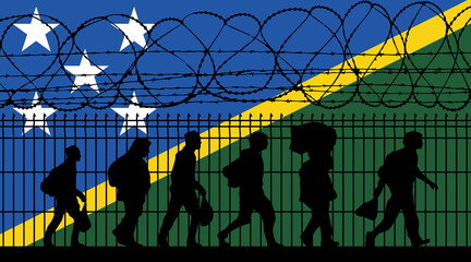 Flag of Solomon Islands - Refugees near barbed wire fence. Migrants migrates to other countries.