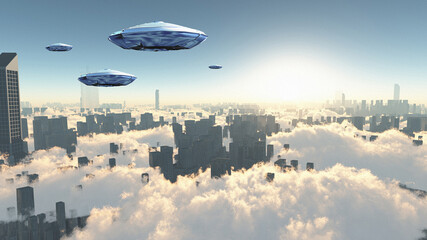 Flying saucers over the futuristic megapolis