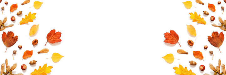 Creative layout made of red and yellow leaves, acorns and chestnuts on white background. Autumn, fall, thanksgiving day concept. Flat lay, top view © Androlia