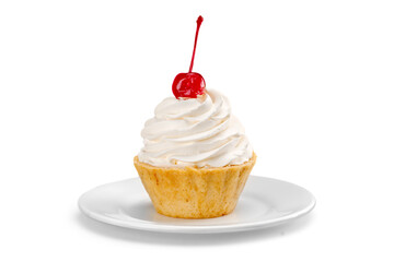 Cherry dessert with cream on white plate