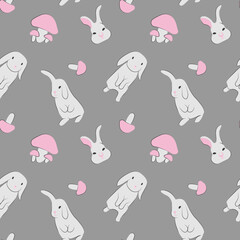 Seamless pattern with cute white rabbit and pink mushrooms