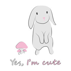 Cute grey rabbit with pink mushroom
