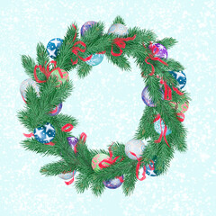 Christmas Wreath with ribbons, balls and bow on light blue background