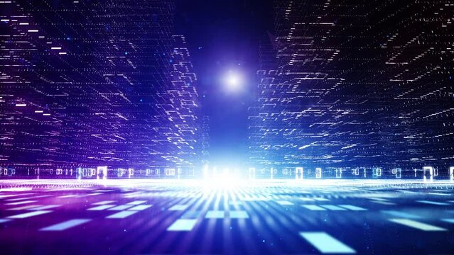 Futuristic digital tech cityscape cyberspace road binary code looped animation background.
