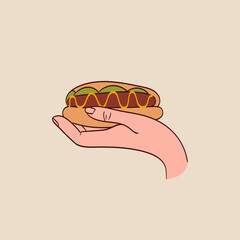 Hands holding fast food, street snacks set. Arms with takeaway hot dog. Hand drawn style illustration.