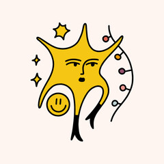 Groovy comic Xmas Santa funny sparkle Star character isolated on color background. Doodle boho Christmas and New Year cartoon doodle character, holiday card, sticker, coloring decor element. Vector