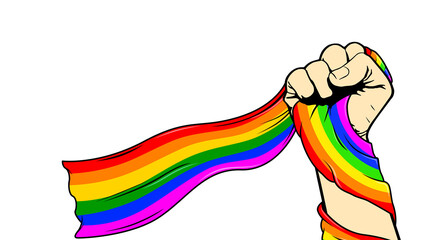 A hand holds an LGBT flag on a white background.