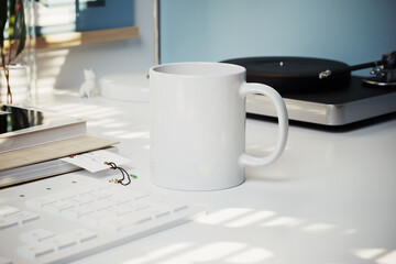 Ceramic mug on desktop mockup. 3D rendering