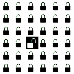 locked and unlocked black locks on white background