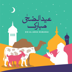 Islamic religion Eid al Adha. A Muslim man is facing the sunset and praying Namaz or salah. Translate: Eid al Adha Mubarak arabica calligraphic 
Serene holy green background. vector illustration.