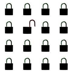 locked and unlocked black locks on white background