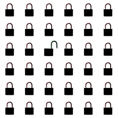 locked and unlocked black locks on white background