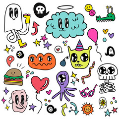 Vector hand drawn illustration. Sticker Pack. Trendy colors. Cartoon Illustration. Birthday, halloween, fun, animals. 