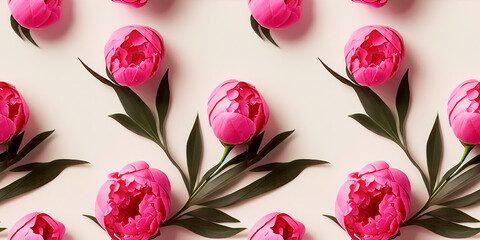Close-up of flowers Pink peonies.  Seamless floral pattern. Flowers, and green leaves. Seamless background for wrappers, fabrics, wallpapers, greeting cards, wedding invitations, banners, 3d render