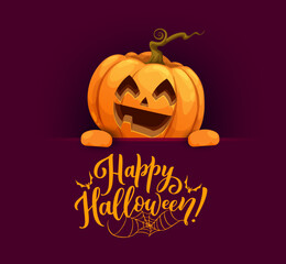 Halloween cartoon pumpkin character. Vector poster or greeting card with funny jack lantern personage peep out of burgundy colored banner with Happy Halloween text, bats and spider web