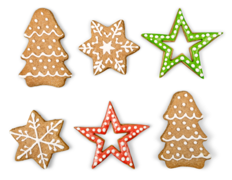 Christmas Ginger and Honey cookies on isolated white background. Star, fir tree, snowflake shape