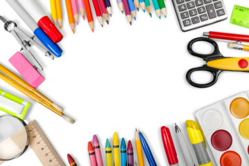 School and office tools. View from above. Isolated on white background