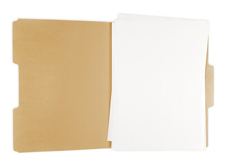 Opened file folder with white paper in it. - obrazy, fototapety, plakaty