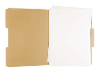Opened file folder with white paper in it.