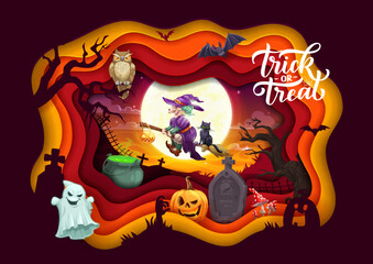 Halloween paper cut flying cartoon witch and holiday landscape. Vector poster with funny hag and black cat characters fly over old cemetery graveyard, trees and pumpkins under moon inside of 3d frame