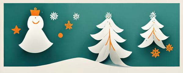 Naklejka na ściany i meble Weihnachtshintergrund mit Tannen, Schneemann, Schneeflocken und Schnee, Illustration