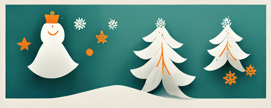 Weihnachtshintergrund mit Tannen, Schneemann, Schneeflocken und Schnee, Illustration