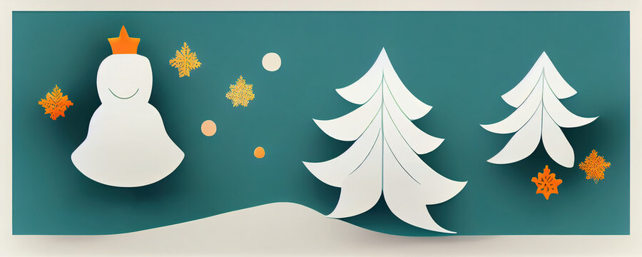 Weihnachtshintergrund mit Tannen, Schneemann, Schneeflocken und Schnee, Illustration