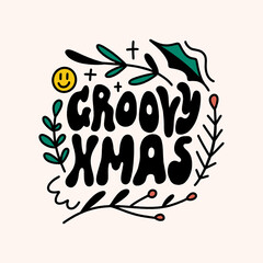 Groovy Xmas Noel and New Year hippie psychedelic lettering text. Hippy doodle typography print, Christmas poster. 70s retro festival style. Vector clipart illustration.