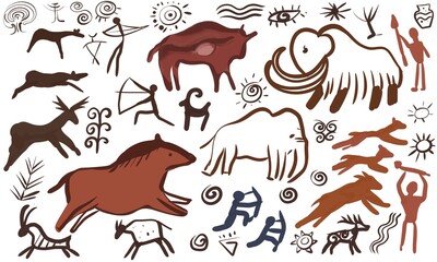 Rock paintings primitive in caves on the walls ancient world hunting scenes signs and symbols illustration hand drawn sketch doodle big set separately on white background