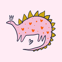 Vector clipart Valentine dinosaur on pink background, postcard, sticker or other. EPS and JPG illustration. Funky doodle trendy print, colorful hand drawn childish cartoon art. Groovy abstract